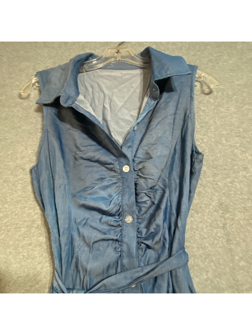 SHEIN Blue Sleeveless Shirt Dress Rushed Button Front Belted Chambray look Large - Picture 6 of 6